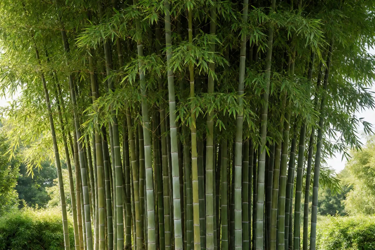 Touceira saud&aacute;vel de bambu-moss&ocirc; com colmos uniformes e folhas densas