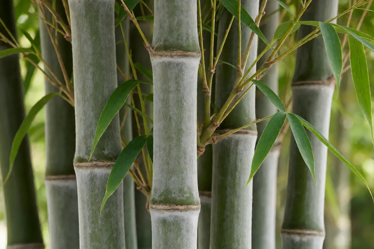Detalhe dos colmos jovens aveludados e folhas lanceoladas do bambu-moss&ocirc;