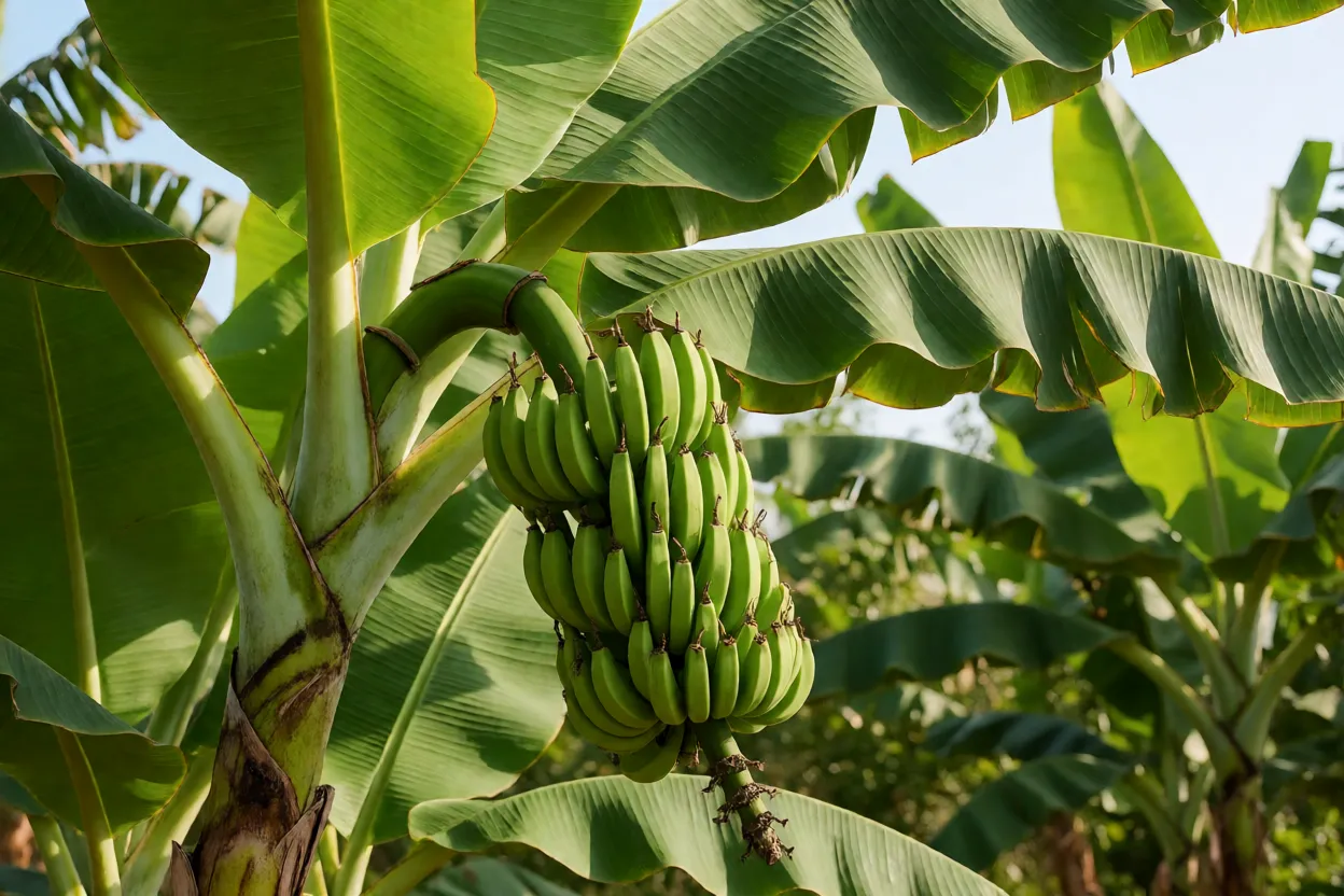Bananeira com cacho grande de bananas verdes no pomar