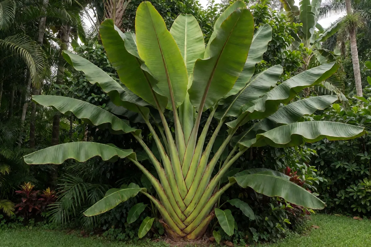 Bananeira-da-abissínia adulta no jardim mostrando pseudocaule grosso e folhas gigantes