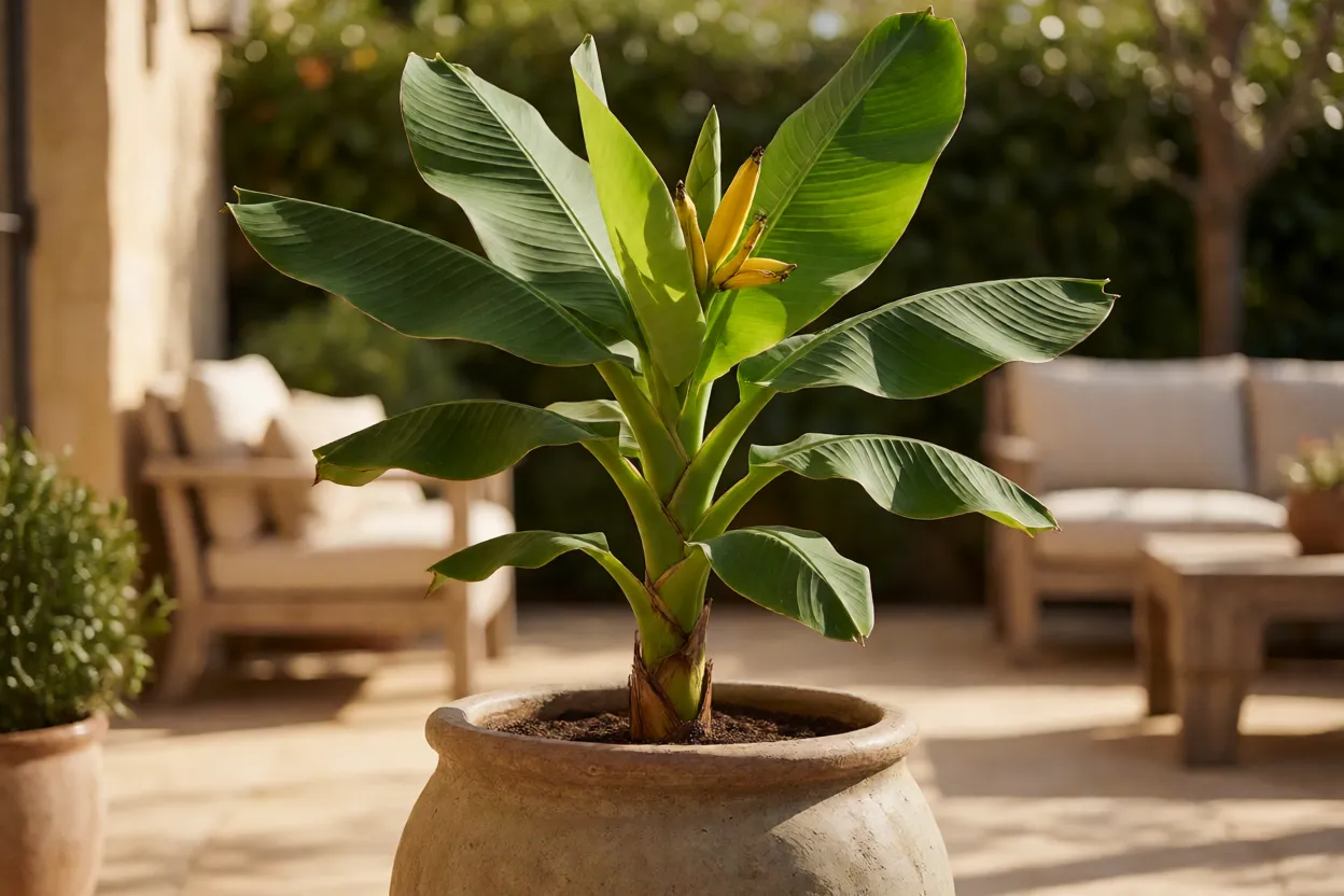 Bananeira an&atilde; em vaso grande na varanda ensolarada
