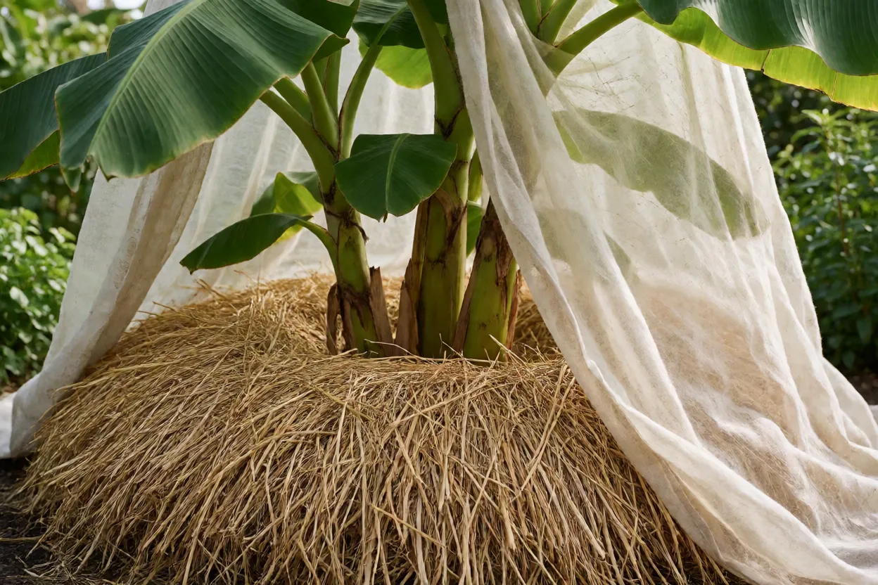 Bananeira com base protegida por palha e manta contra o frio