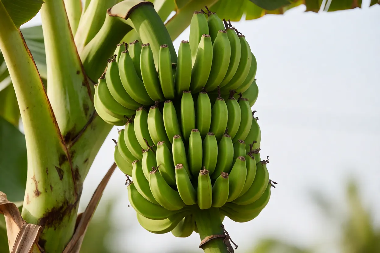 Cacho de bananas verdes pronto para colheita na bananeira