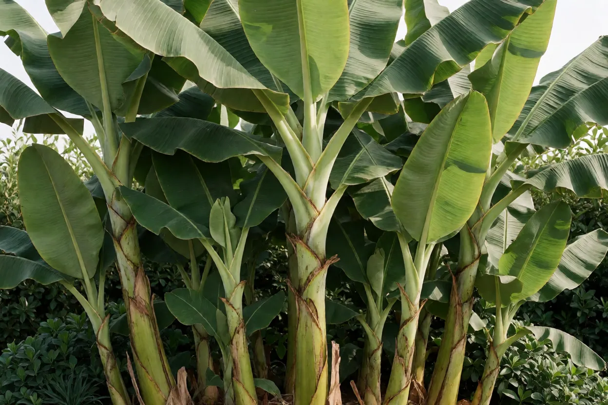 Touceira de bananeira com planta-m&atilde;e e filhos de diferentes tamanhos