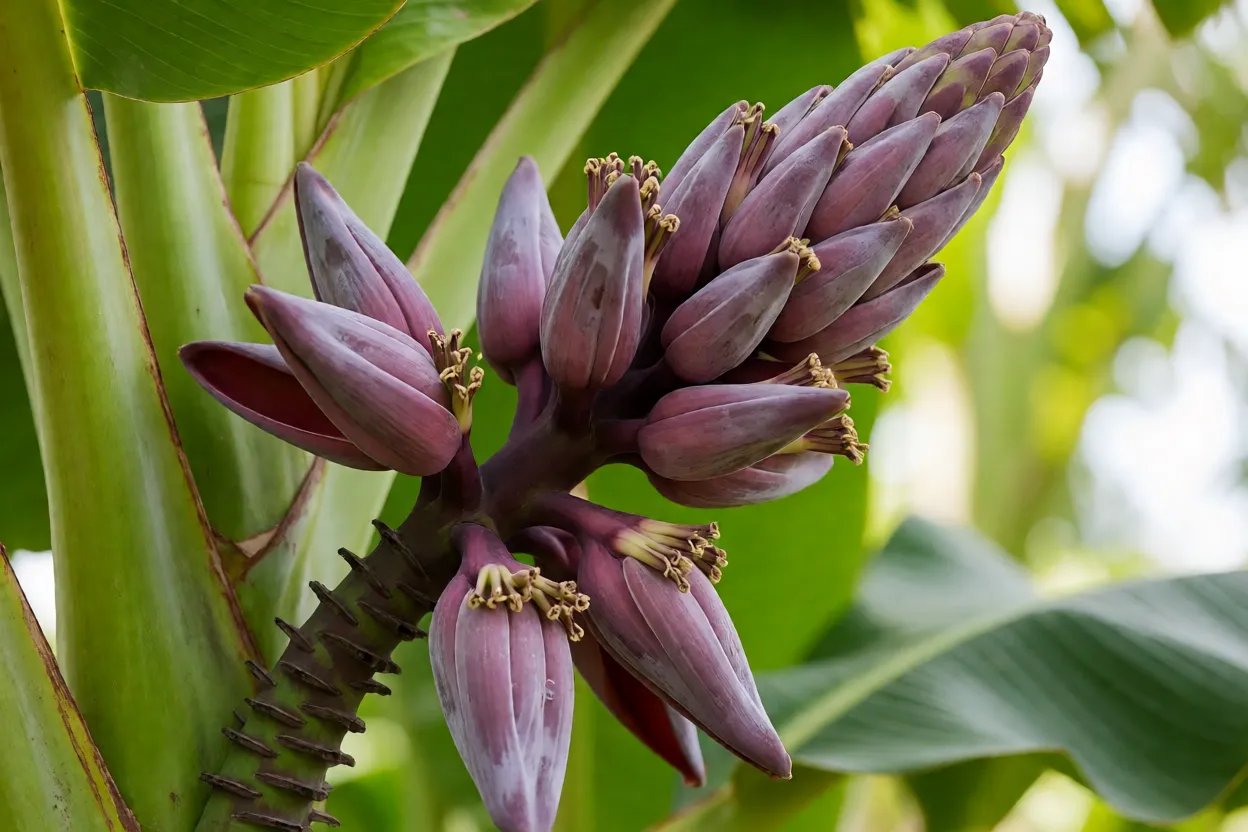 Infloresc&ecirc;ncia roxa de bananeira com pencas de bananas se formando