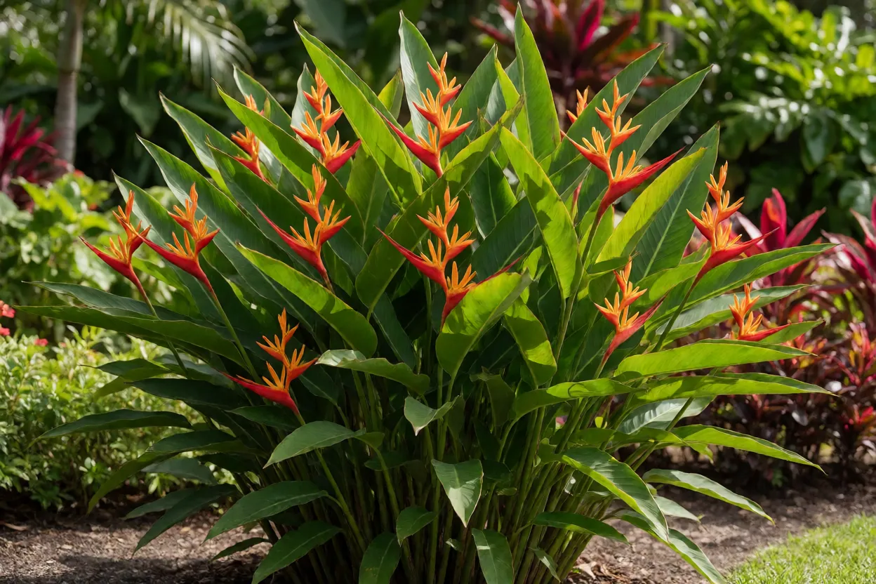 Bananeirinha-de-jardim adulta com touceira cheia e flores vermelhas em jardim tropical