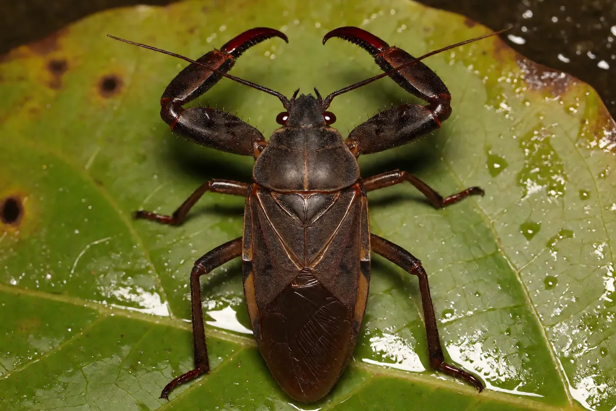 Barata-d'água-gigante vista de cima com corpo achatado marrom-escuro e pernas dianteiras em forma de pinça