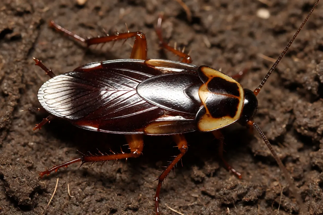 Barata-do-campo adulta Pycnoscelus surinamensis sobre solo escuro vista de cima