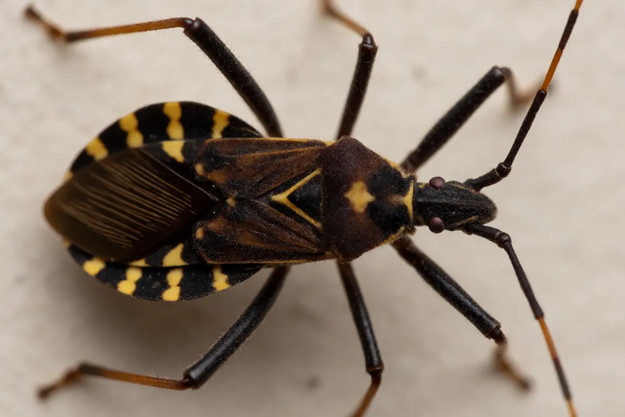 Barbeiro Triatoma infestans adulto visto de cima com manchas amarelas no abdômen