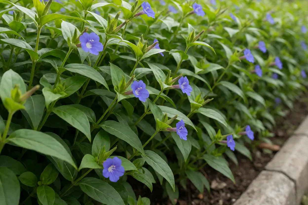 Barléria obtusa com flores azul-violeta usada como bordadura