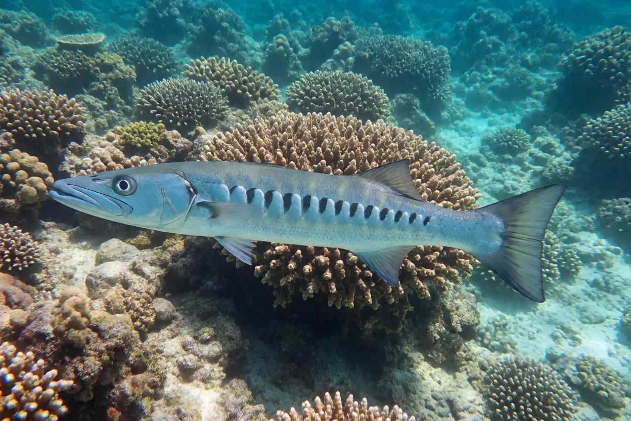 Barracuda-grande nadando de lado sobre recife de coral em água clara