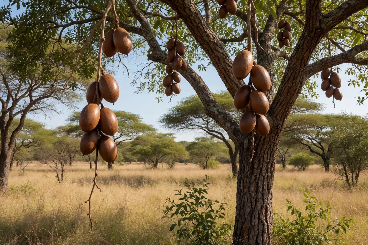 Árvore de baru carregada de frutos marrons no Cerrado