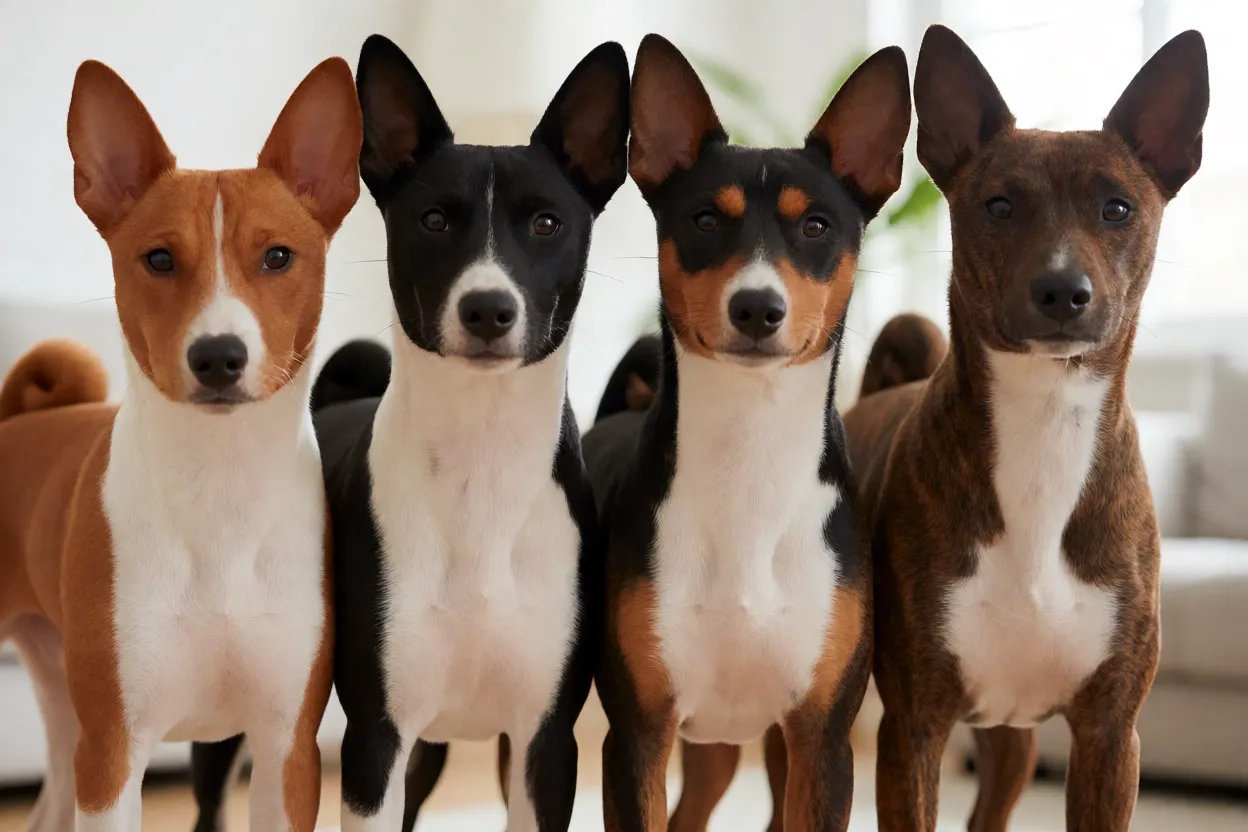 Detalhe das variações de cores da pelagem do Basenji lado a lado