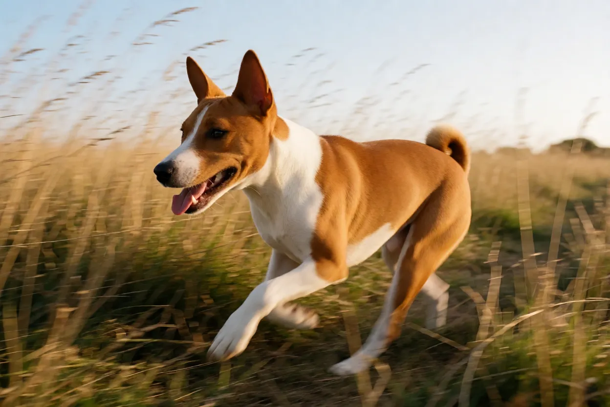 Basenji: personalidade, comportamento e tudo sobre a raça Basenji correndo em um campo aberto de grama alta ao entardecer