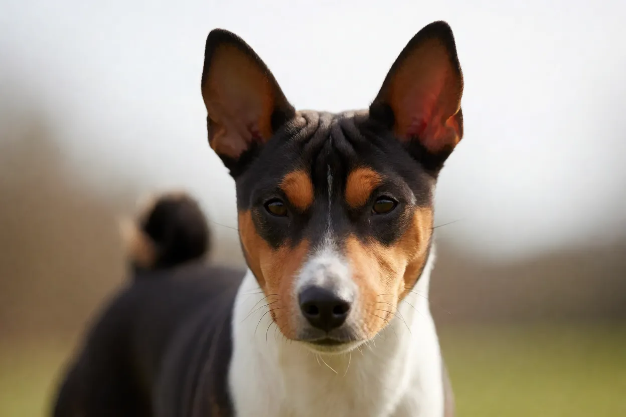 Basenji: personalidade, comportamento e tudo sobre a raça Retrato de Basenji tricolor mostrando a testa enrugada e o rabo enrolado