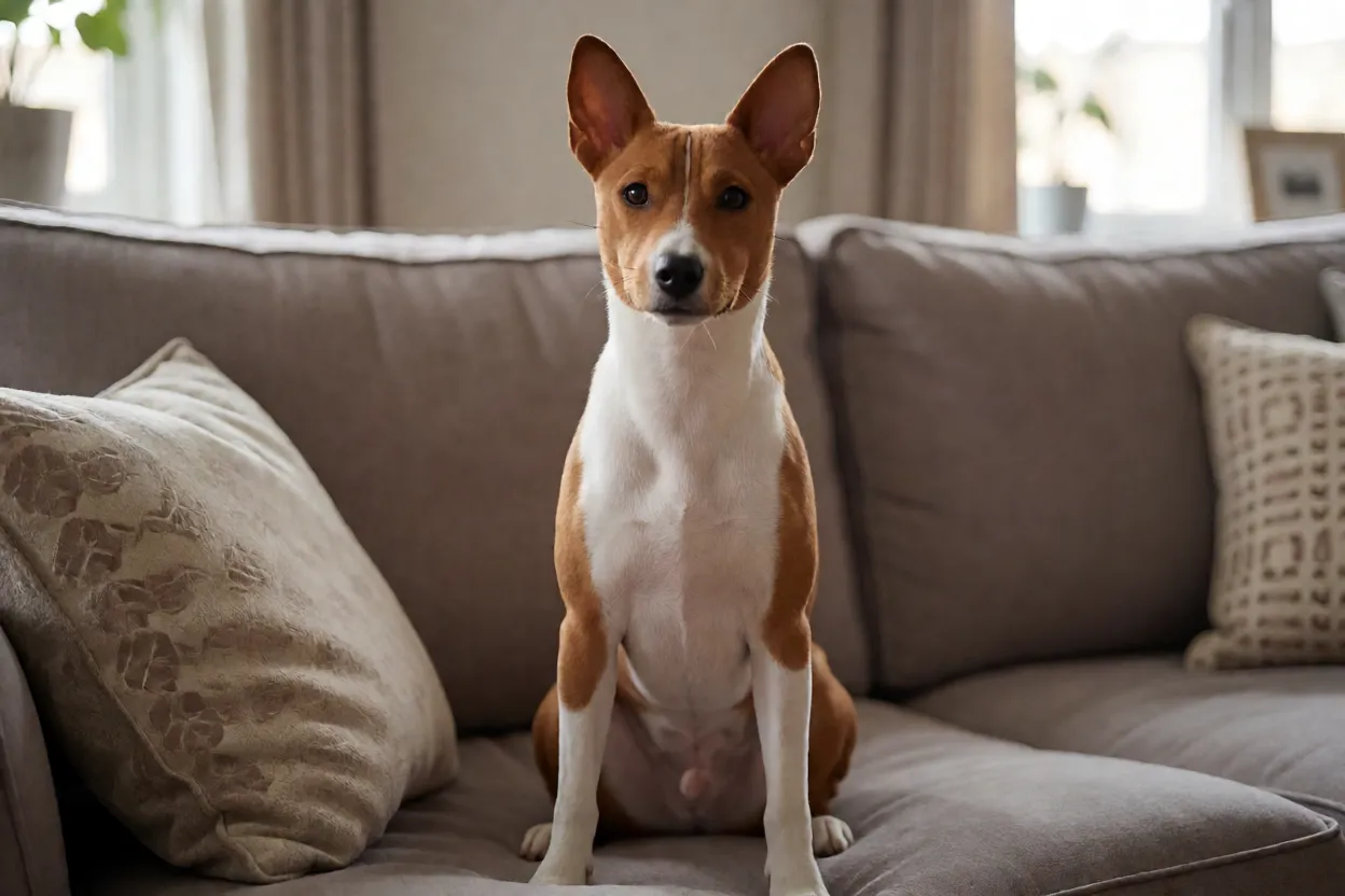 Basenji: personalidade, comportamento e tudo sobre a raça Basenji sentado olhando atentamente para o tutor dentro de casa