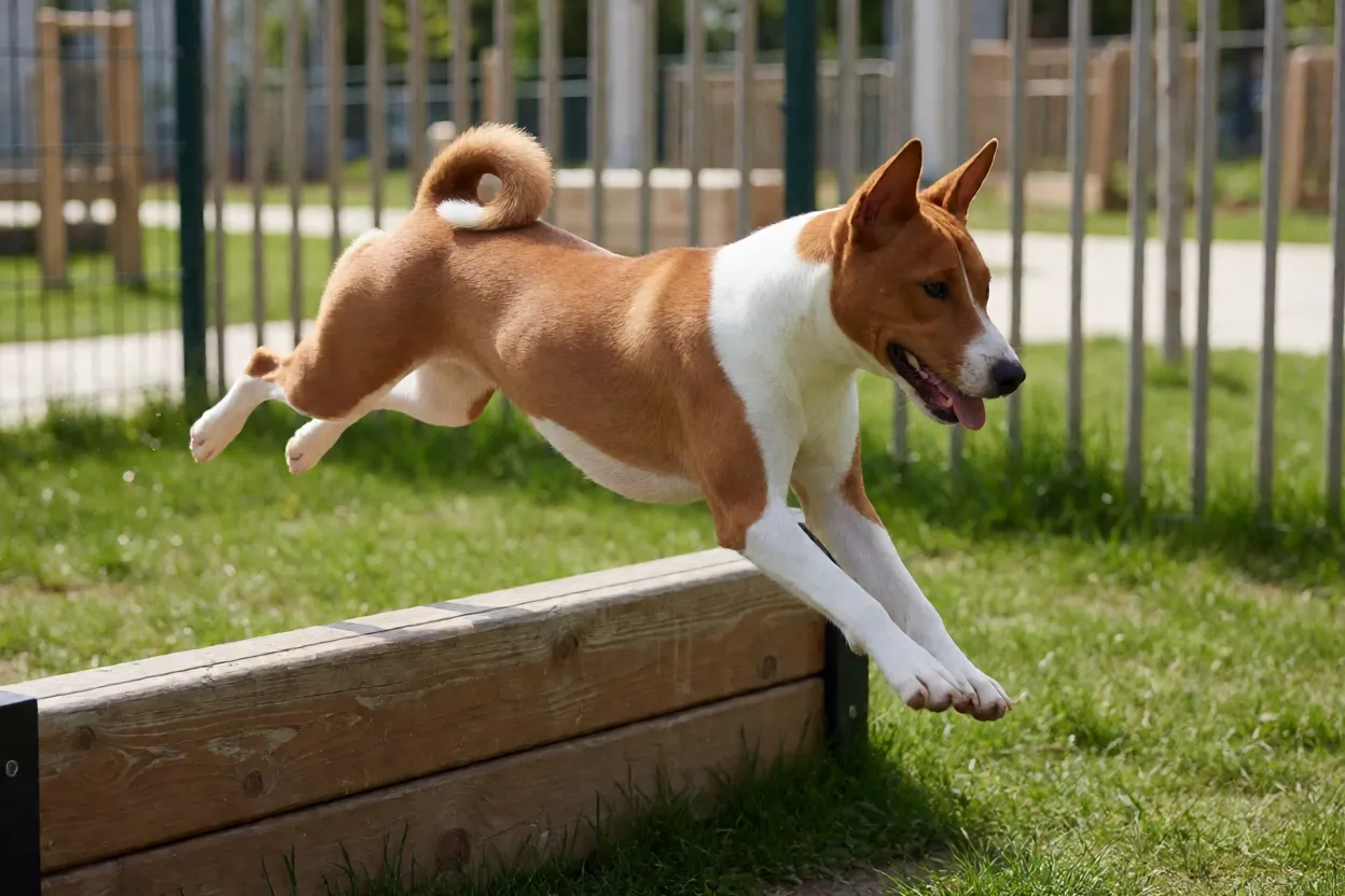 Basenji: personalidade, comportamento e tudo sobre a raça Basenji pulando um obstáculo baixo em um parque cercado