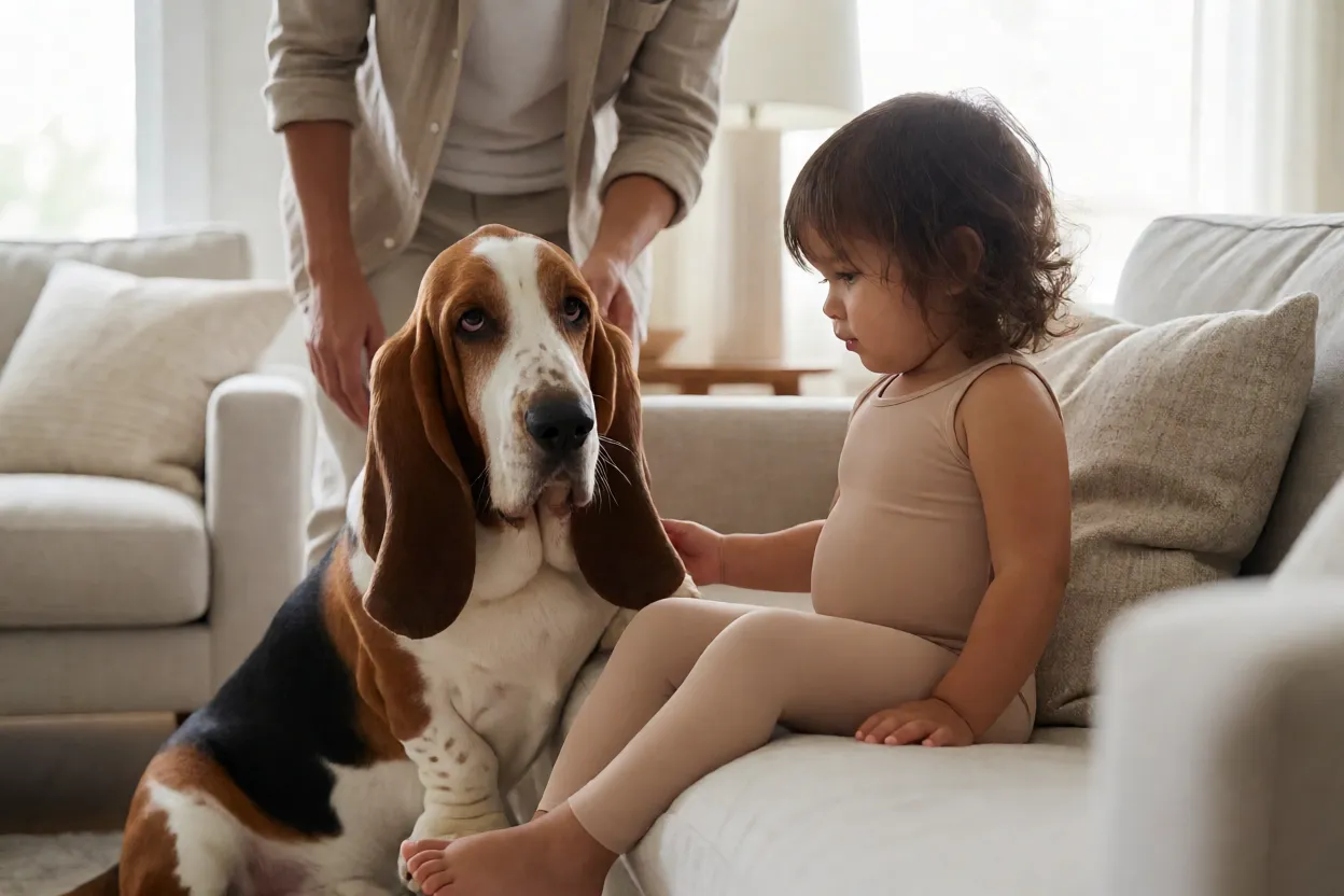Basset Hound convivendo com crian&ccedil;a de forma supervisionada
