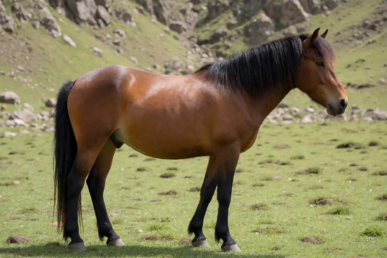 Cavalo Basuto adulto de pelagem baia em pasto de montanha, vista lateral