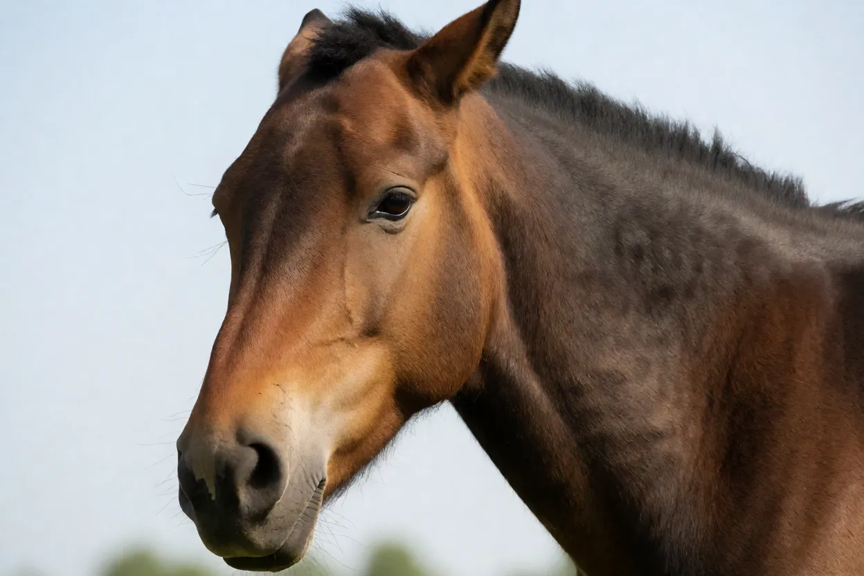 Retrato da cabeça de cavalo Batak mostrando perfil reto e orelhas pequenas