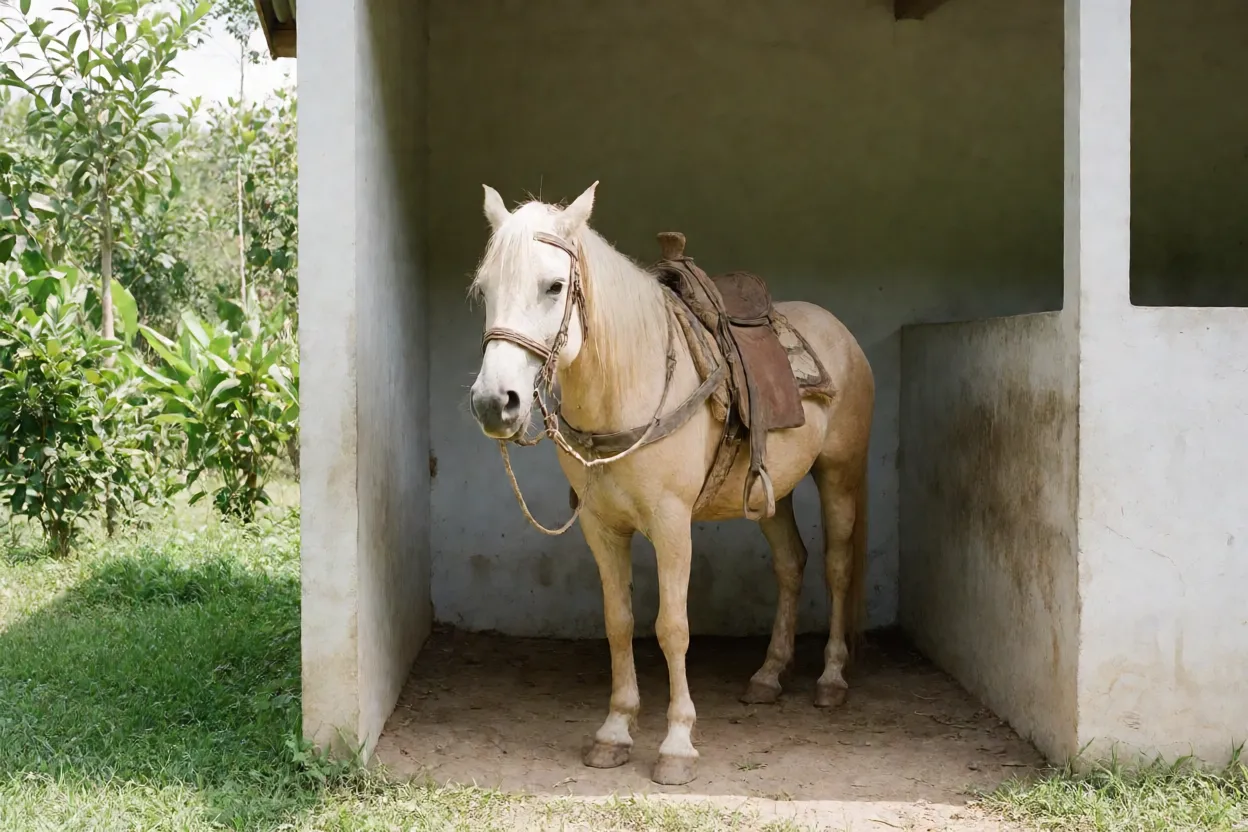 Cavalo Batak com sela leve em frente a estábulo simples