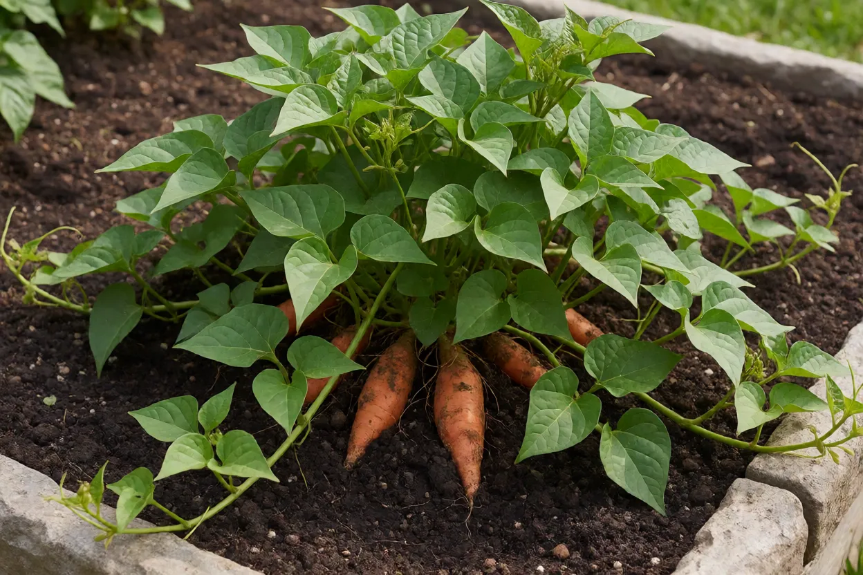 Batata-doce Planta de batata-doce cultivada em canteiro com ramas verdes se espalhando
