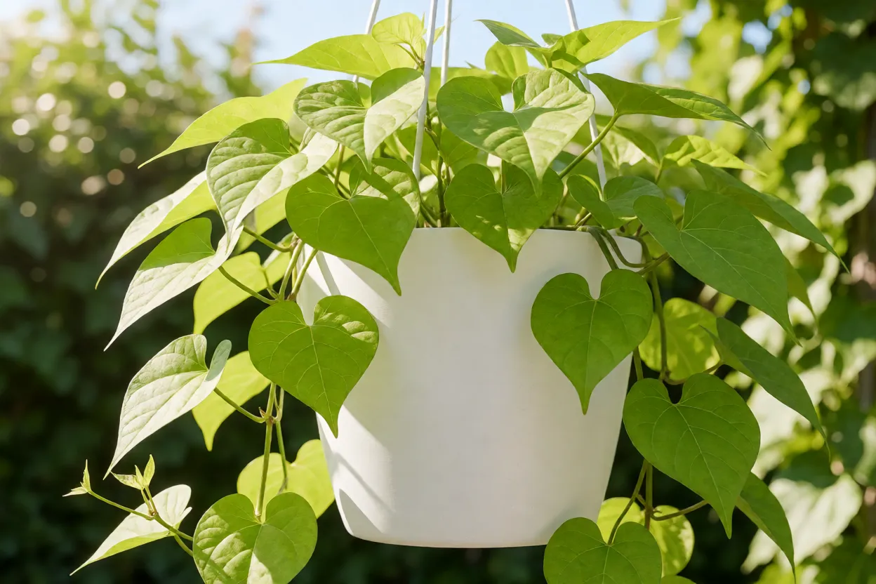 Batata-doce-ornamental Batata-doce-ornamental verde-limão pendente em vaso branco ao sol
