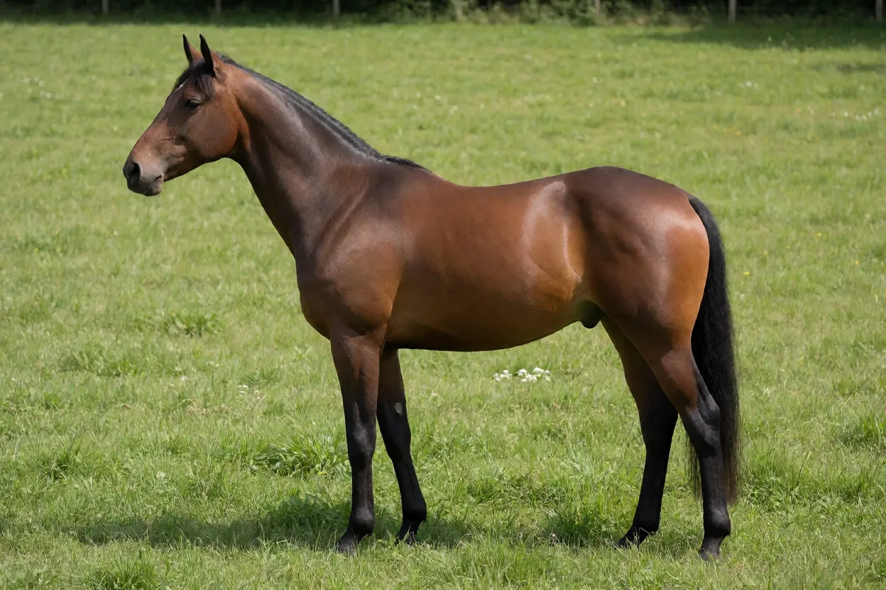 Cavalo Bávaro adulto de corpo inteiro em pasto verde, visto de lado