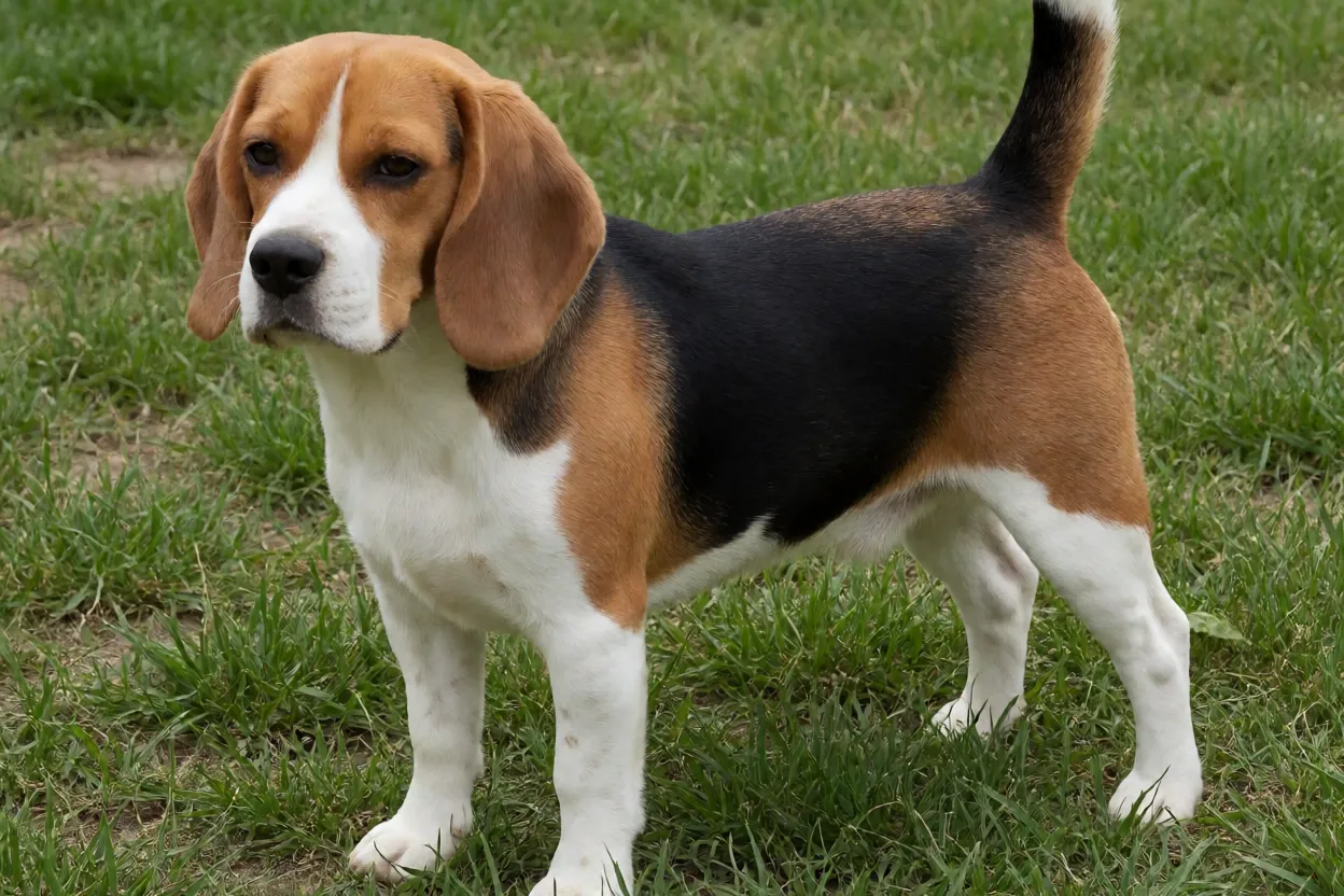 Beagle adulto tricolor em pé na grama visto de três quartos