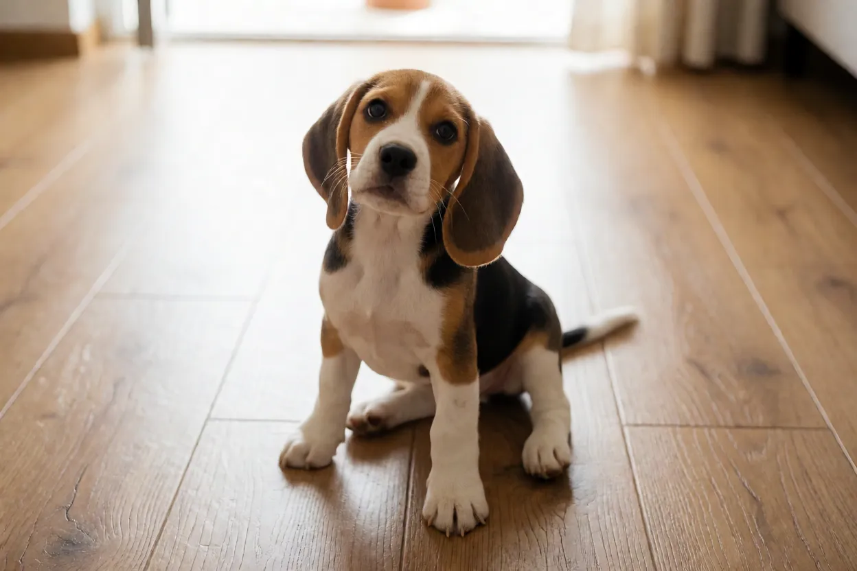 Filhote de Beagle tricolor brincando em piso de madeira