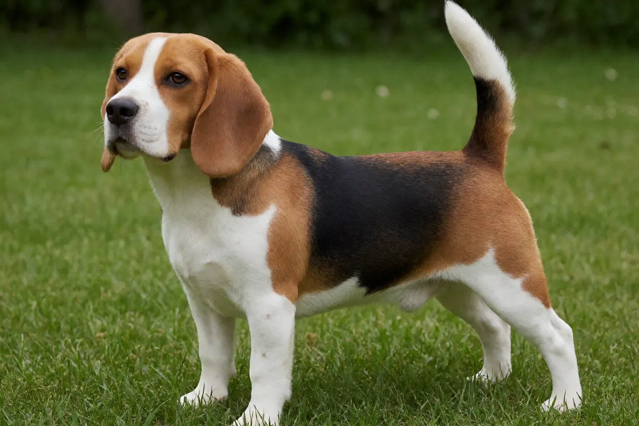 Beagle adulto tricolor em p&eacute; em gramado ensolarado