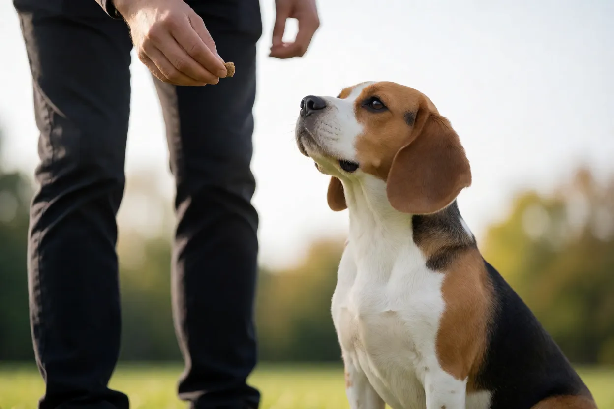 Beagle sentado prestando aten&ccedil;&atilde;o a tutor com petisco