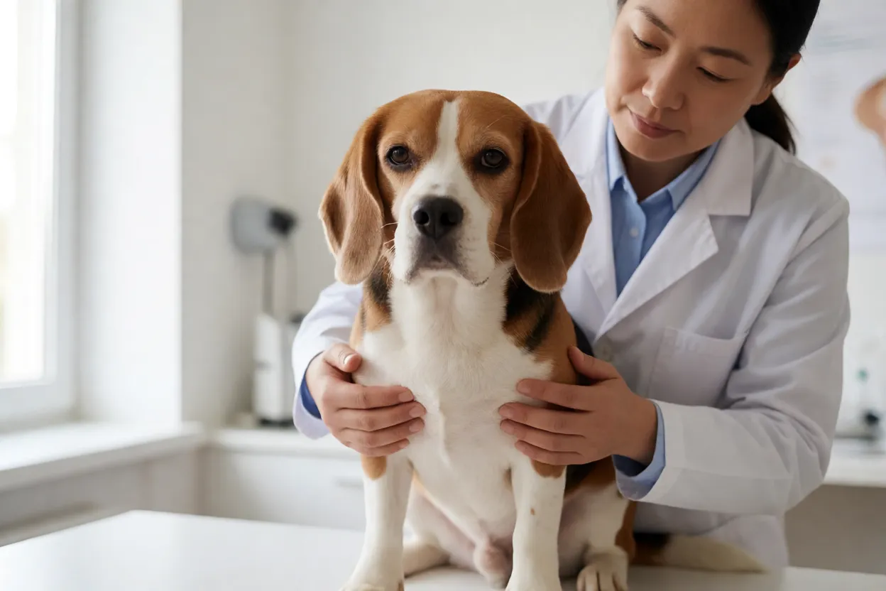 Beagle adulto saud&aacute;vel em exame veterin&aacute;rio