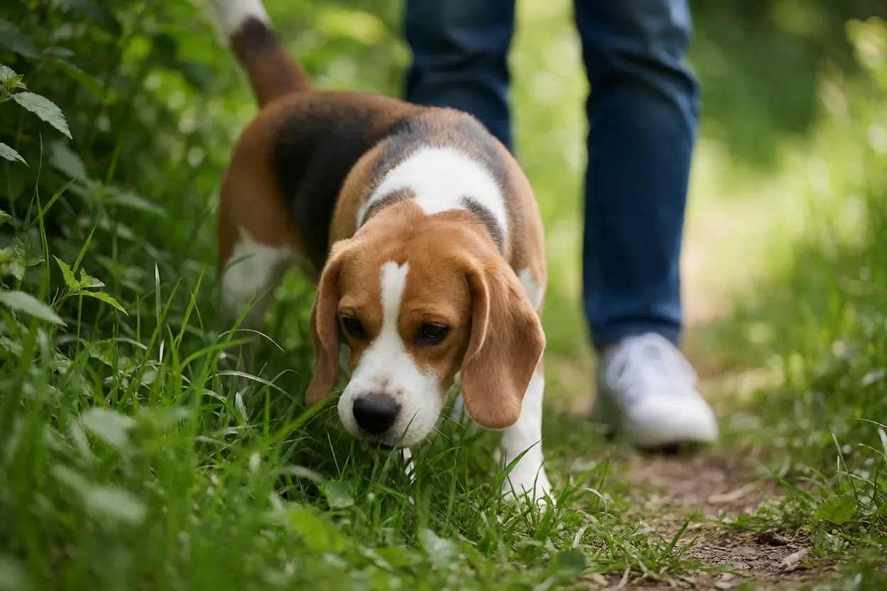 Beagle farejando intensamente em trilha