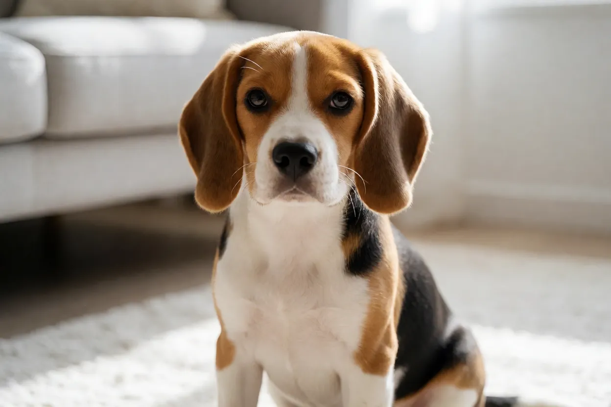 Filhote de Beagle em ambiente de canil limpo