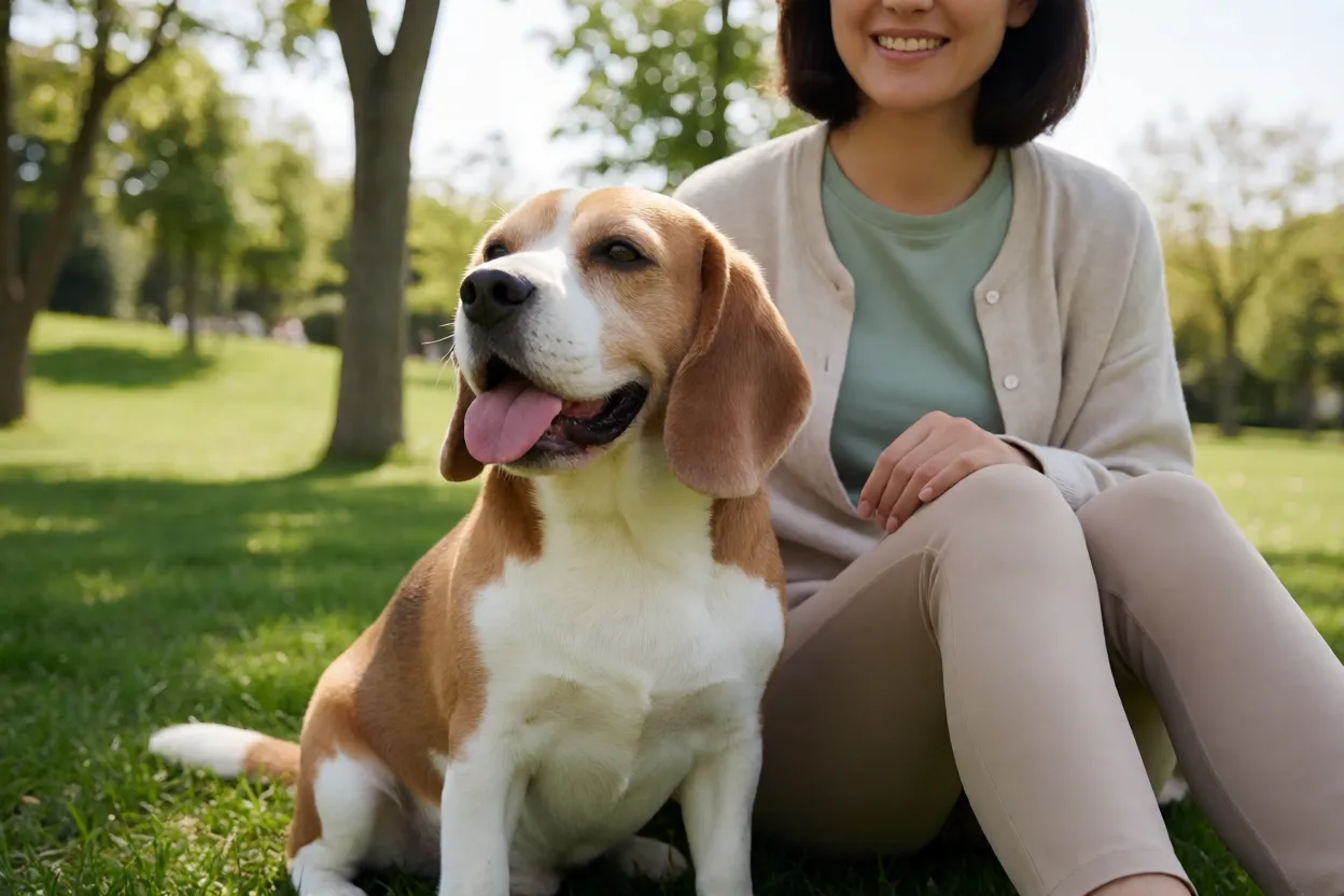 Beagle adulto feliz ao lado do tutor em parque