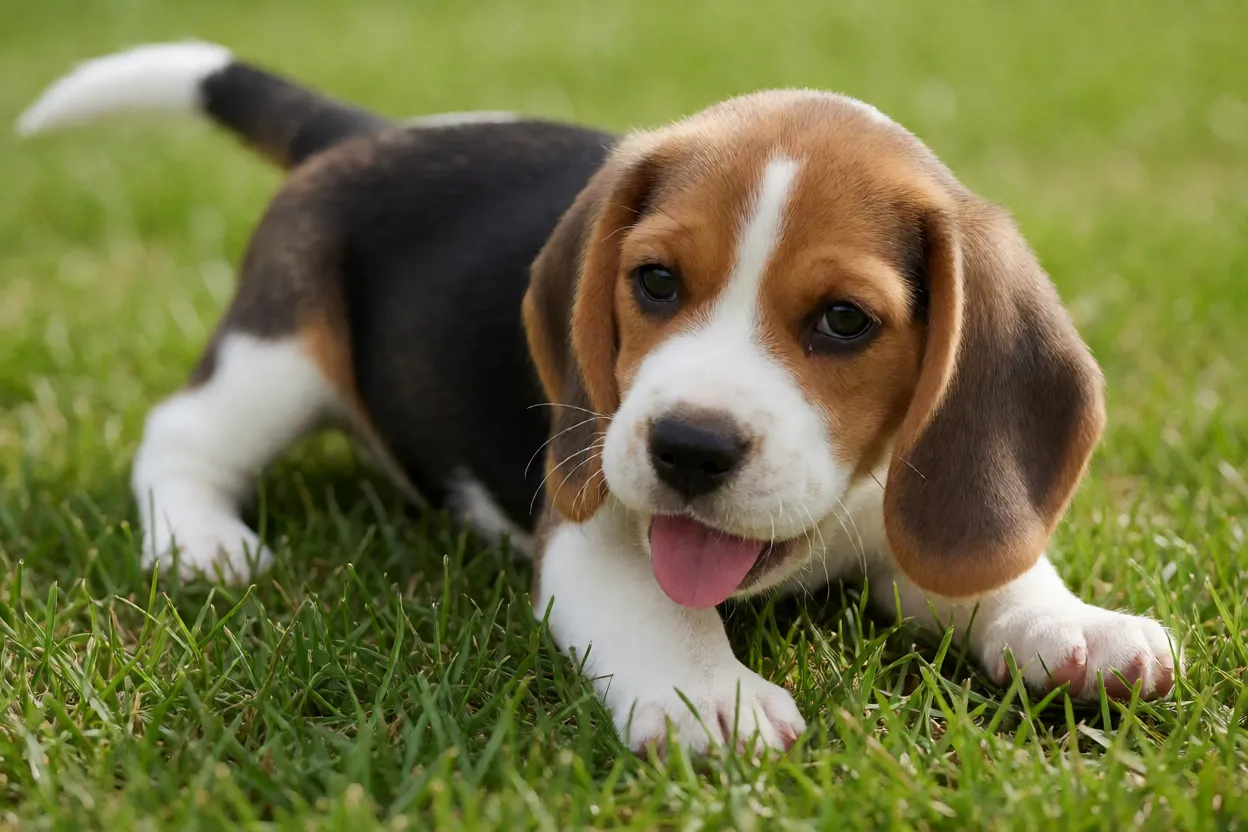Beagle filhote tricolor brincando em jardim