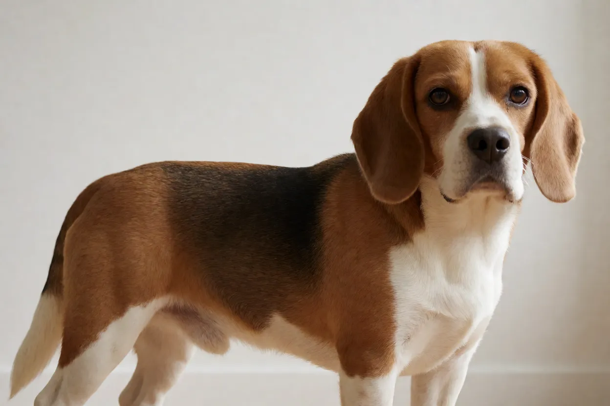 Beagle adulto medindo altura ao lado de r&eacute;gua