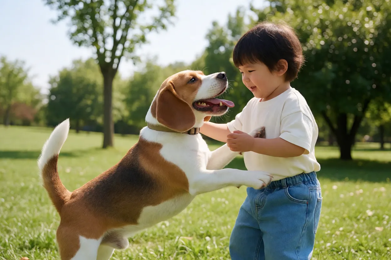 Beagle alegre brincando com crian&ccedil;a em parque