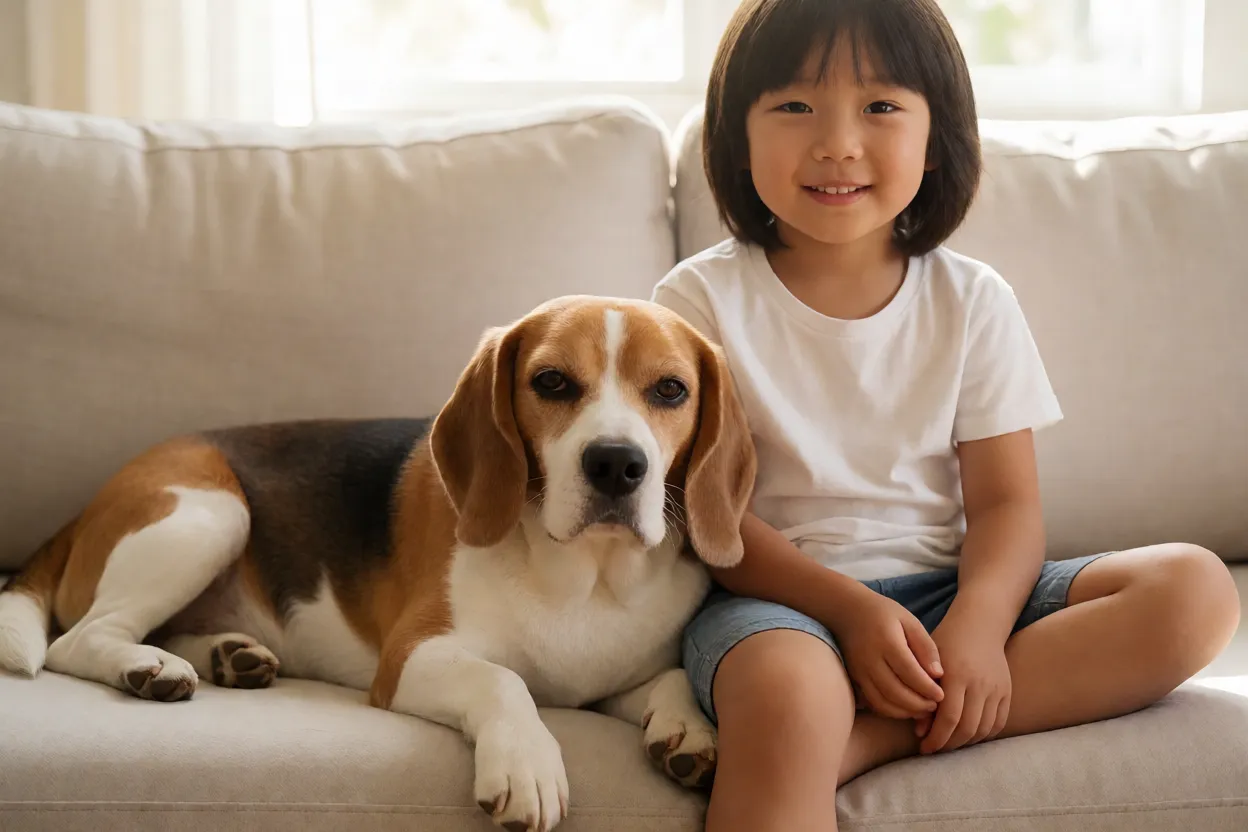 Beagle deitado ao lado de crian&ccedil;a sorridente