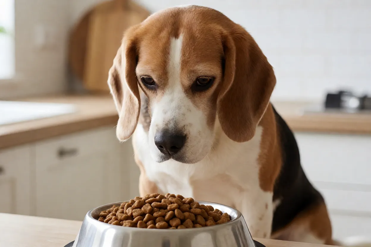 Beagle olhando atentamente para tigela de comida