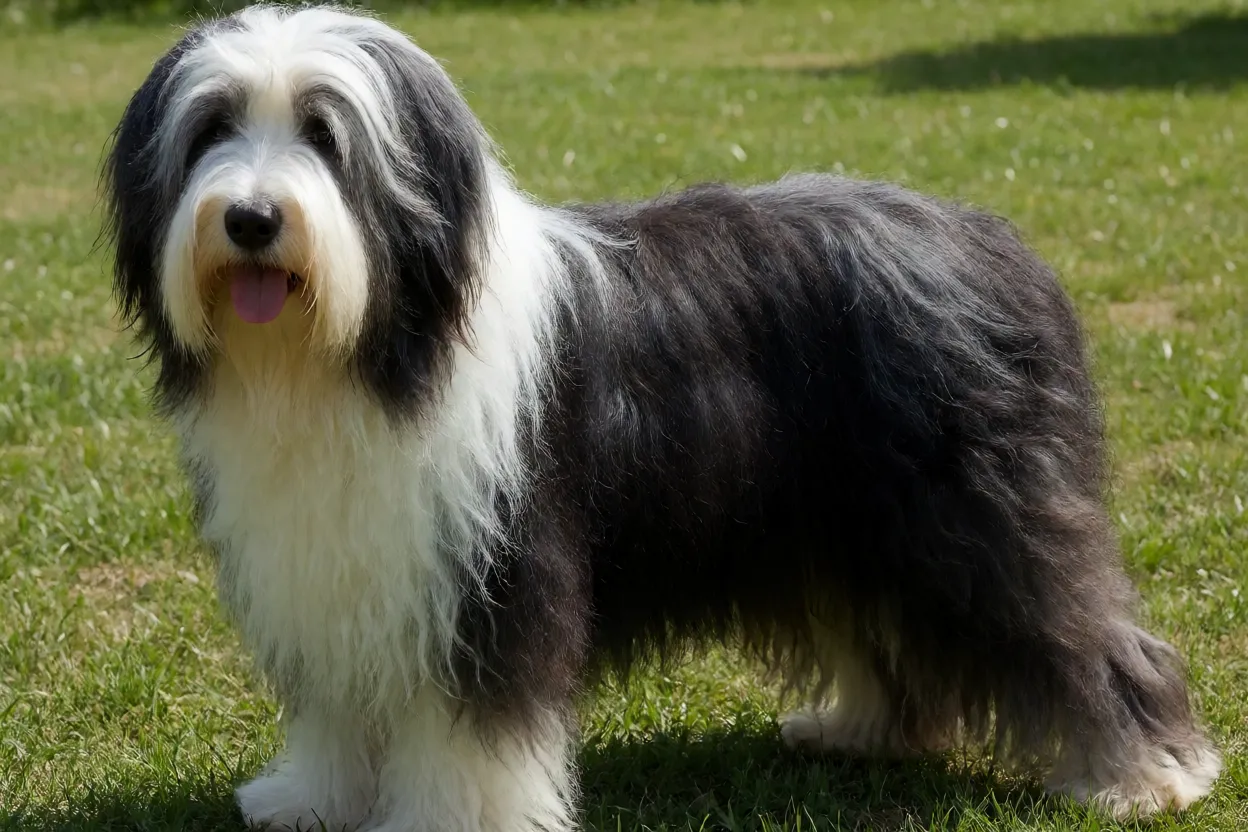 Bearded Collie adulto de corpo inteiro em pé na grama, mostrando pelagem longa e barba característica
