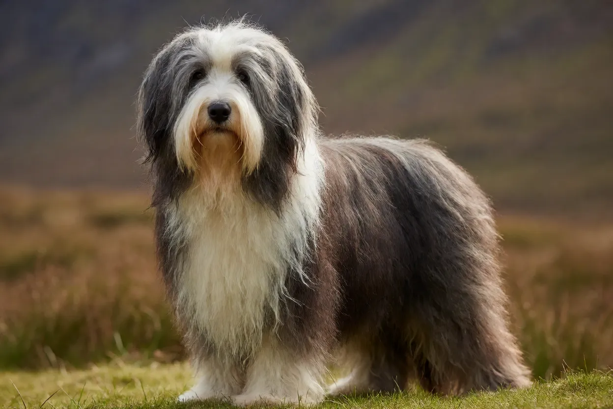 Bearded Collie: pelagem, personalidade, energia e cuidados Bearded Collie adulto com pelagem longa e barba característica em ambiente natural