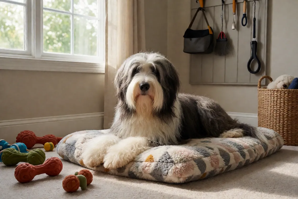 Bearded Collie: pelagem, personalidade, energia e cuidados Ambiente doméstico preparado com brinquedos e área de descanso para Bearded Collie