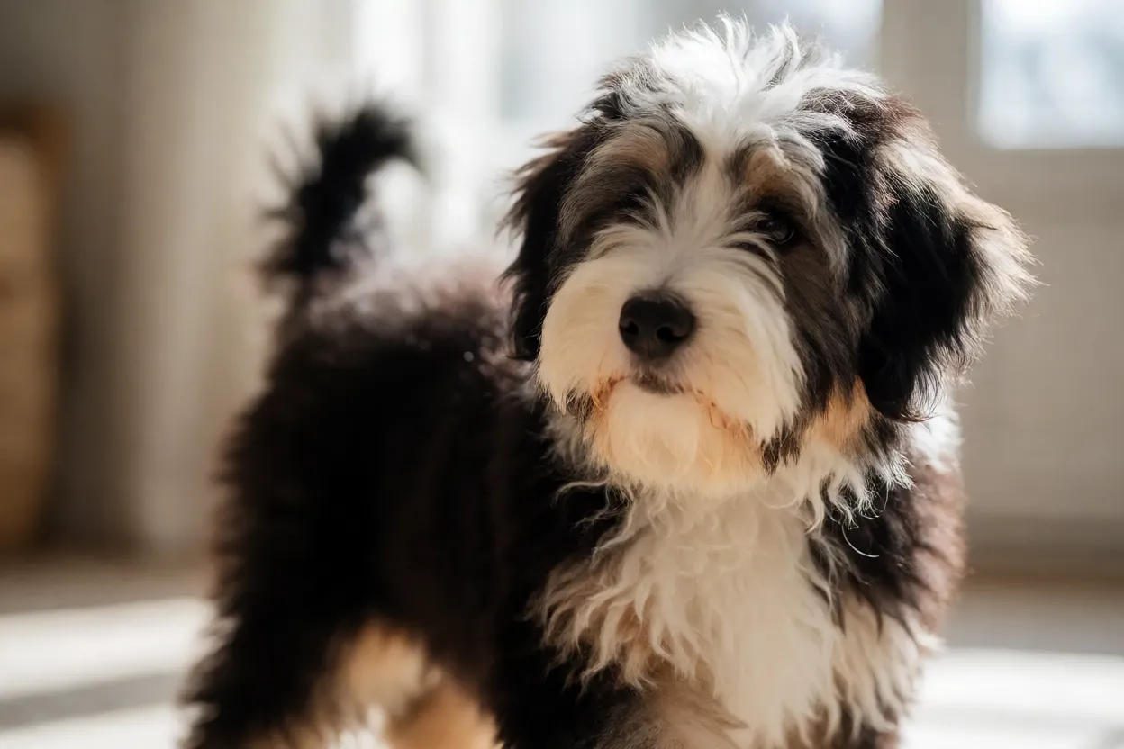 Bearded Collie: pelagem, personalidade, energia e cuidados Filhote de Bearded Collie em diferentes estágios de crescimento da pelagem