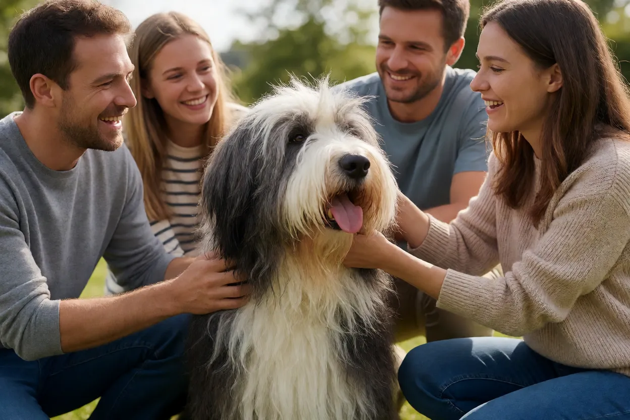 Bearded Collie: pelagem, personalidade, energia e cuidados Família feliz com Bearded Collie adulto em ambiente ao ar livre