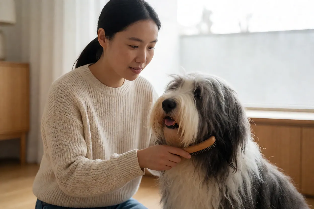 Bearded Collie: pelagem, personalidade, energia e cuidados Pessoa escovando Bearded Collie com escova de pinos em ambiente doméstico