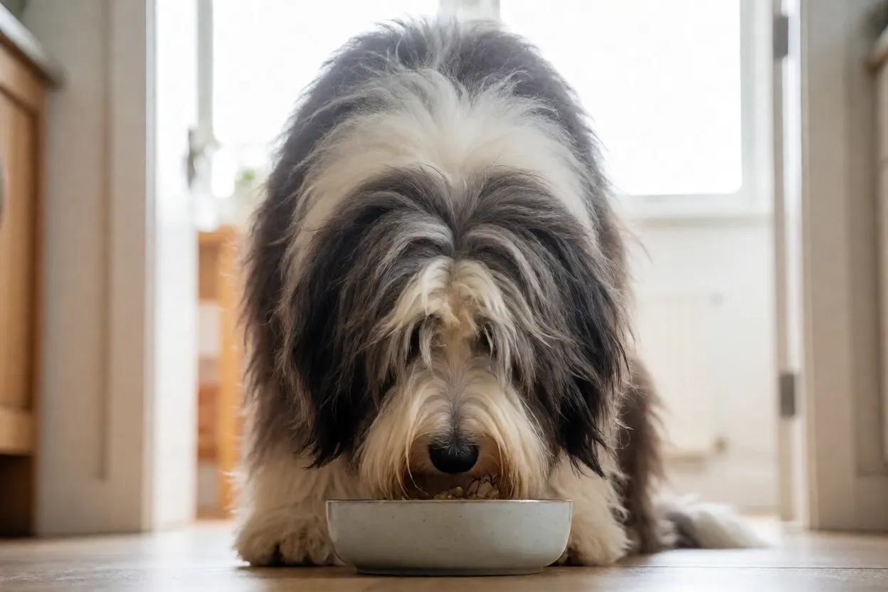 Bearded Collie: pelagem, personalidade, energia e cuidados Bearded Collie adulto comendo ração em tigela em ambiente limpo