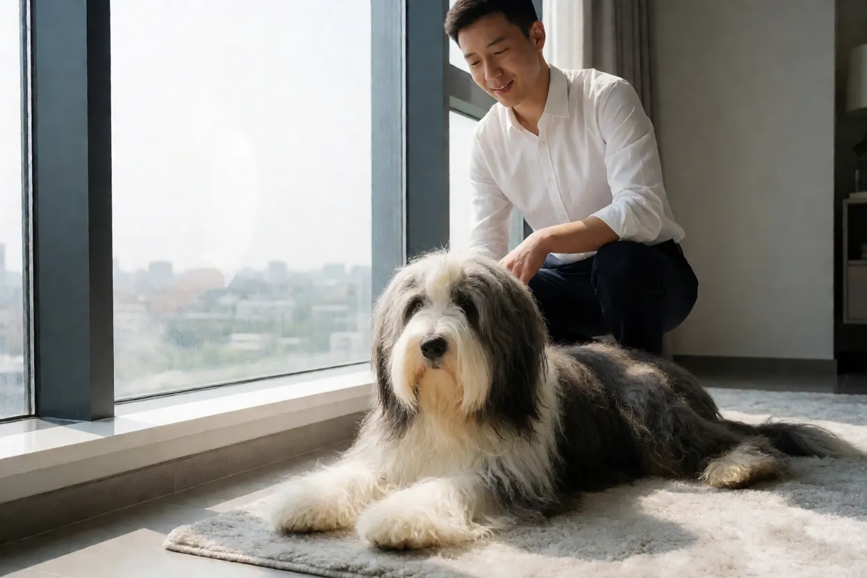 Bearded Collie: pelagem, personalidade, energia e cuidados Bearded Collie descansando em apartamento após exercício ao ar livre