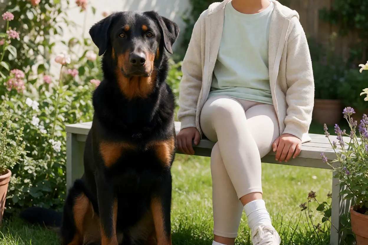 Beauceron tranquilo ao lado de crian&ccedil;a mais velha em jardim